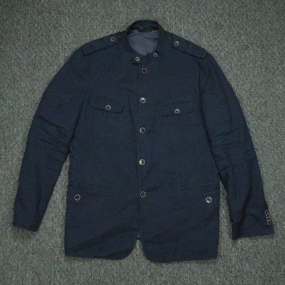 Hugo Boss Jacket Men 46R Blue Linen Blend Band Collar Chore Pockets Blazer